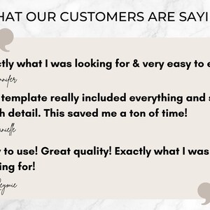 Pu&ograve; includere: Sfondo beige con il testo "WHAT OUR CUSTOMERS ARE SAYING" in nero. Vengono visualizzate testimonianze dei clienti, comprese citazioni sulla facilit&agrave; d'uso e sulla qualit&agrave;. Le citazioni sono attribuite a Jennifer, Danielle e Reymie.