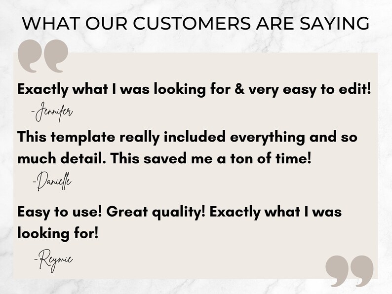 Pu&ograve; includere: Sfondo beige con il testo "WHAT OUR CUSTOMERS ARE SAYING" in nero. Vengono visualizzate testimonianze dei clienti, comprese citazioni sulla facilit&agrave; d'uso e sulla qualit&agrave;. Le citazioni sono attribuite a Jennifer, Danielle e Reymie.