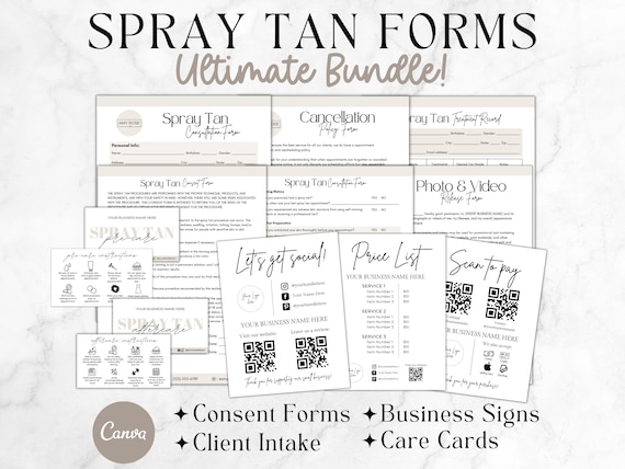 Editable Spray Tan Forms, Spray Tanning Business, Client Intake and Consent Form, Sunless Tanning Spa Consultation Form, Printable Canva pdf