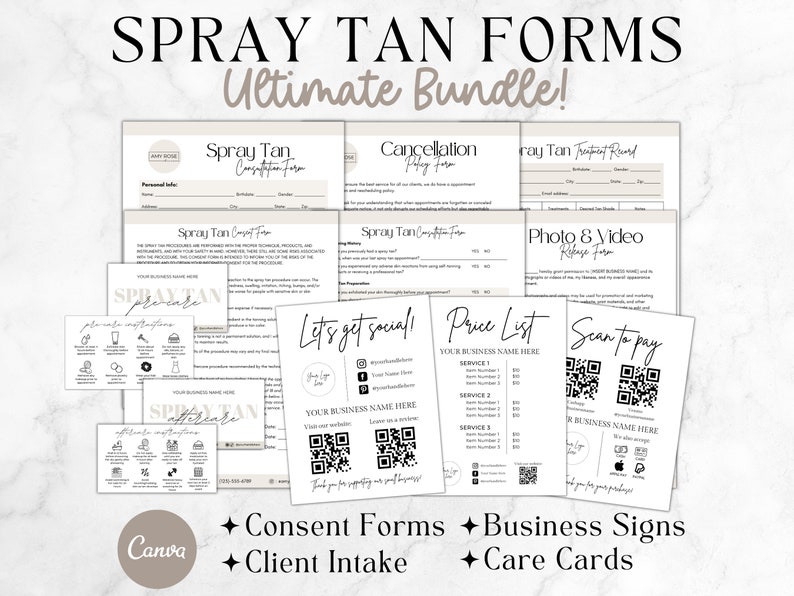 May include: A set of printable forms for spray tan businesses. The forms include a spray tan consultation form, cancellation policy form, spray tan treatment record, photo and video release form, price list, and scan to pay QR codes. The forms are designed in a minimalist style with black text on a white background.