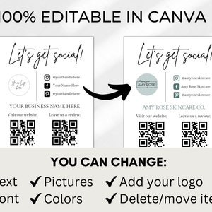 Puede incluir: Una tarjeta blanca con el texto "Let's get social!" y un c&iacute;rculo con el texto "Your Logo Here". La tarjeta tambi&eacute;n incluye iconos de redes sociales, un c&oacute;digo QR y el texto "YOUR BUSINESS NAME HERE". La tarjeta es editable en Canva.
