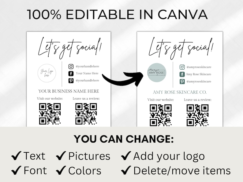 Puede incluir: Una tarjeta blanca con el texto "Let's get social!" y un c&iacute;rculo con el texto "Your Logo Here". La tarjeta tambi&eacute;n incluye iconos de redes sociales, un c&oacute;digo QR y el texto "YOUR BUSINESS NAME HERE". La tarjeta es editable en Canva.