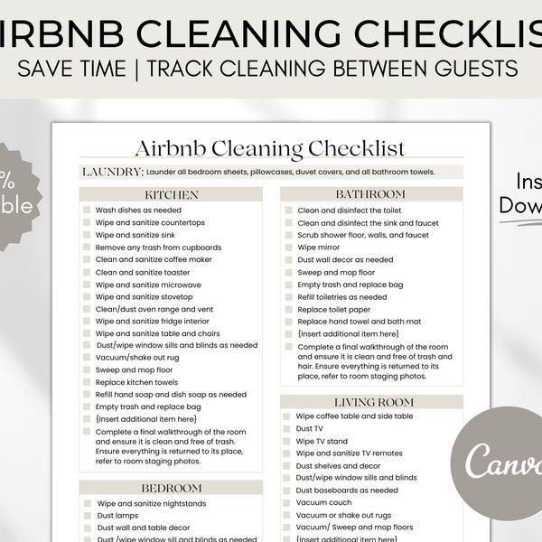 Airbnb-Reinigungscheckliste, bearbeitbare Airbnb-Canva-Vorlage, Reinigungsplan, Checkliste für die Zimmerreinigung in Ferienwohnungen, Airbnb-Reinigungsliste