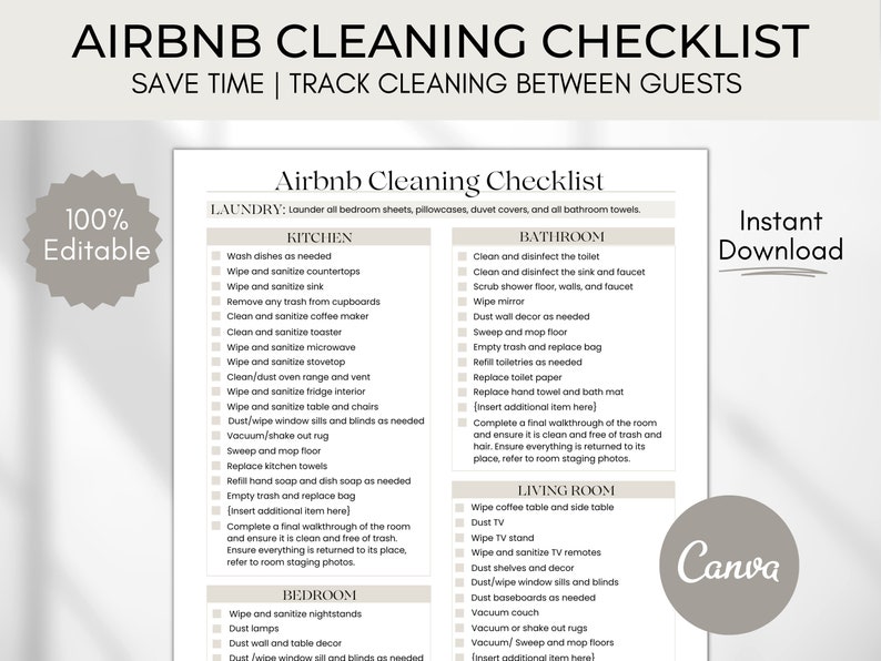 Airbnb Cleaning Checklist Editable Airbnb Canva Template Etsy