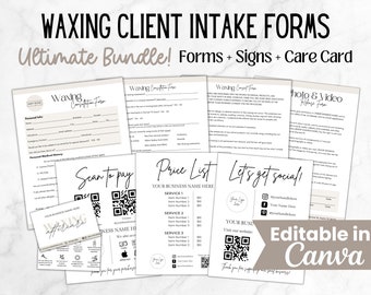 May include: A set of printable forms for waxing businesses. The forms include a client intake form, a price list, a photo and video release form, and a social media sign. The forms are designed in a minimalist style with black text on a white background. The text "Editable in Canva" is displayed in a brown rectangle at the bottom of the image.