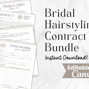 May include: A printable contract bundle for bridal hairstyling services. The bundle includes an invoice form, a service agreement, and a photo and video release form. The forms are editable in Canva and are available for instant download.