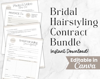 Paquete de contrato de cabello nupcial editable, plantilla de acuerdo de servicio de estilista de bodas, estilistas independientes, plantilla de Canva, formulario imprimible