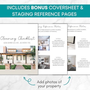 May include: A cleaning checklist for a house with a white exterior and a brown walkway. The checklist includes a title, address, and notes for adding additional information about the staging and layout of each room. The image also includes a note to add photos of the property.