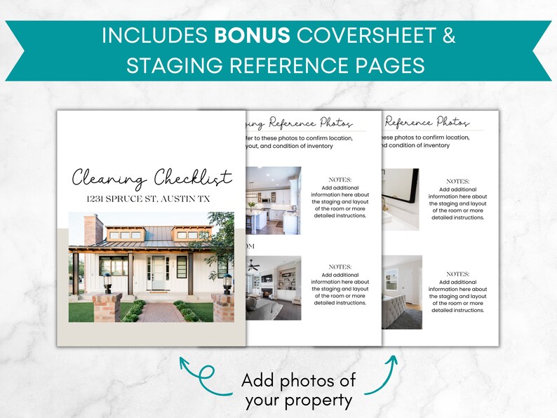 May include: A cleaning checklist for a house with a white exterior and a brown walkway. The checklist includes a title, address, and notes for adding additional information about the staging and layout of each room. The image also includes a note to add photos of the property.