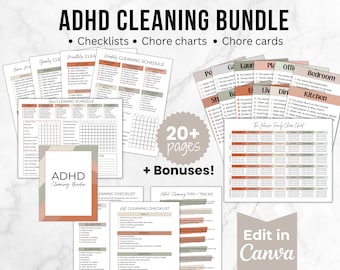 Städplanerare för ADHD, Checklista för ADHD-sysslor, Diagram över familje- och vuxensysslor, Neurodivergent städschema, Djuprengöringskort, Rensning