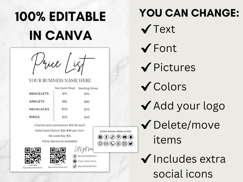 Permanent Jewelry Price List Sign, Permanent Jewelry Display Flyer, QR Code and Social Media Sign, Permanent Jewelry Business Canva Template image 5
