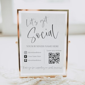 Social Media QR Code Sign, Lets Get Social, Editable Small Business Sign Template, Instagram Facebook Follow Us Sign, Leave a Review Sign