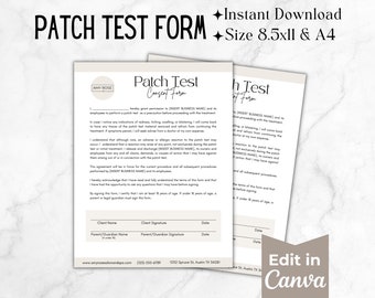May include: A printable patch test consent form with the title "Patch Test Consent Form" in a brown font. The form includes fields for client name, client signature, date, parent/guardian name, parent/guardian signature, and date. The form also includes the text "Instant Download" and "Size 8.5x11 & A4".