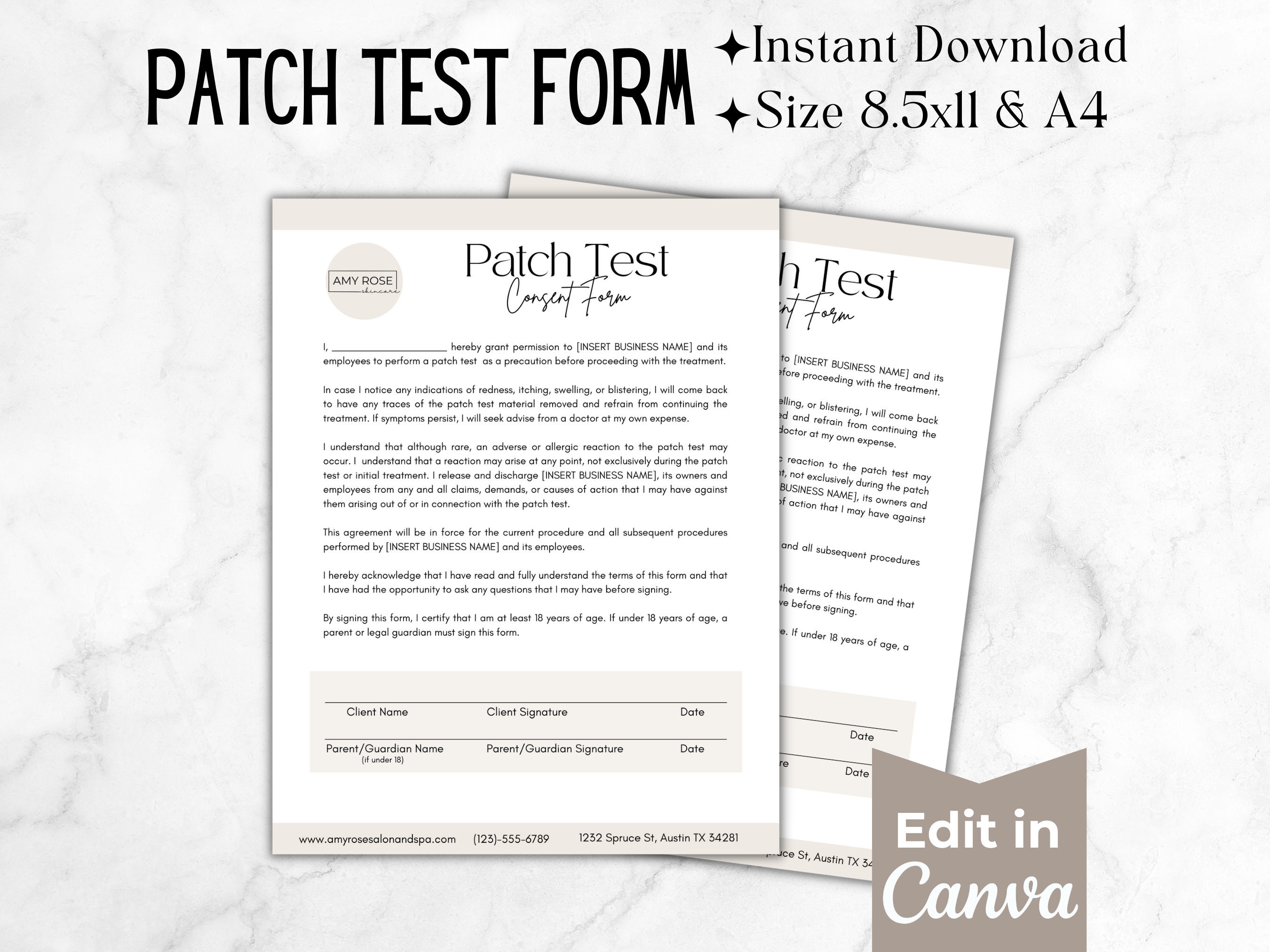 True Patch Collection Form Patch Test Form Template, Editable Esthetician Forms, Lash Tech Forms ...