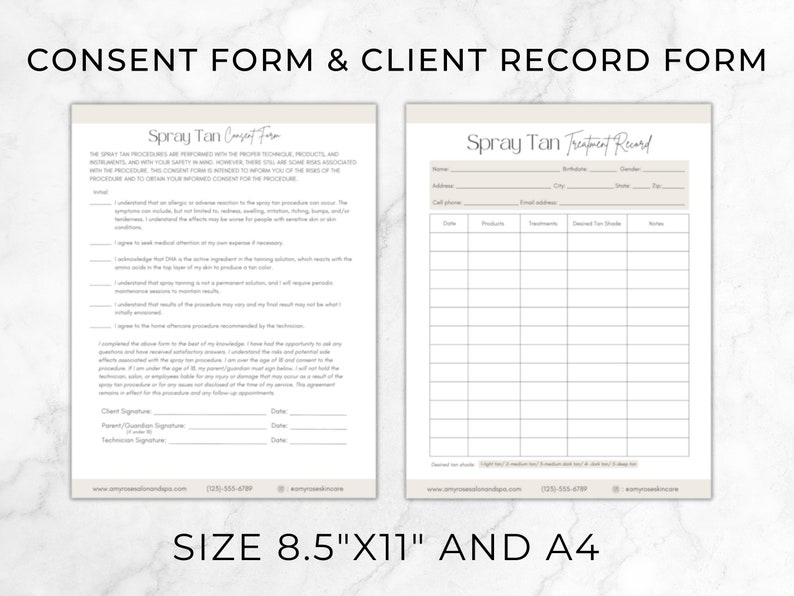 May include: A printable spray tan consent and client record form. The form includes sections for client information, treatment details, and consent to the procedure. The form is designed for use by spray tan businesses.