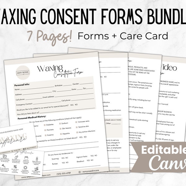 Waxing Consent Forms, Waxing Treatment Templates Bundle, Editable Waxing Consultation Forms, Esthetician Forms Bundle, Spa Client Intake