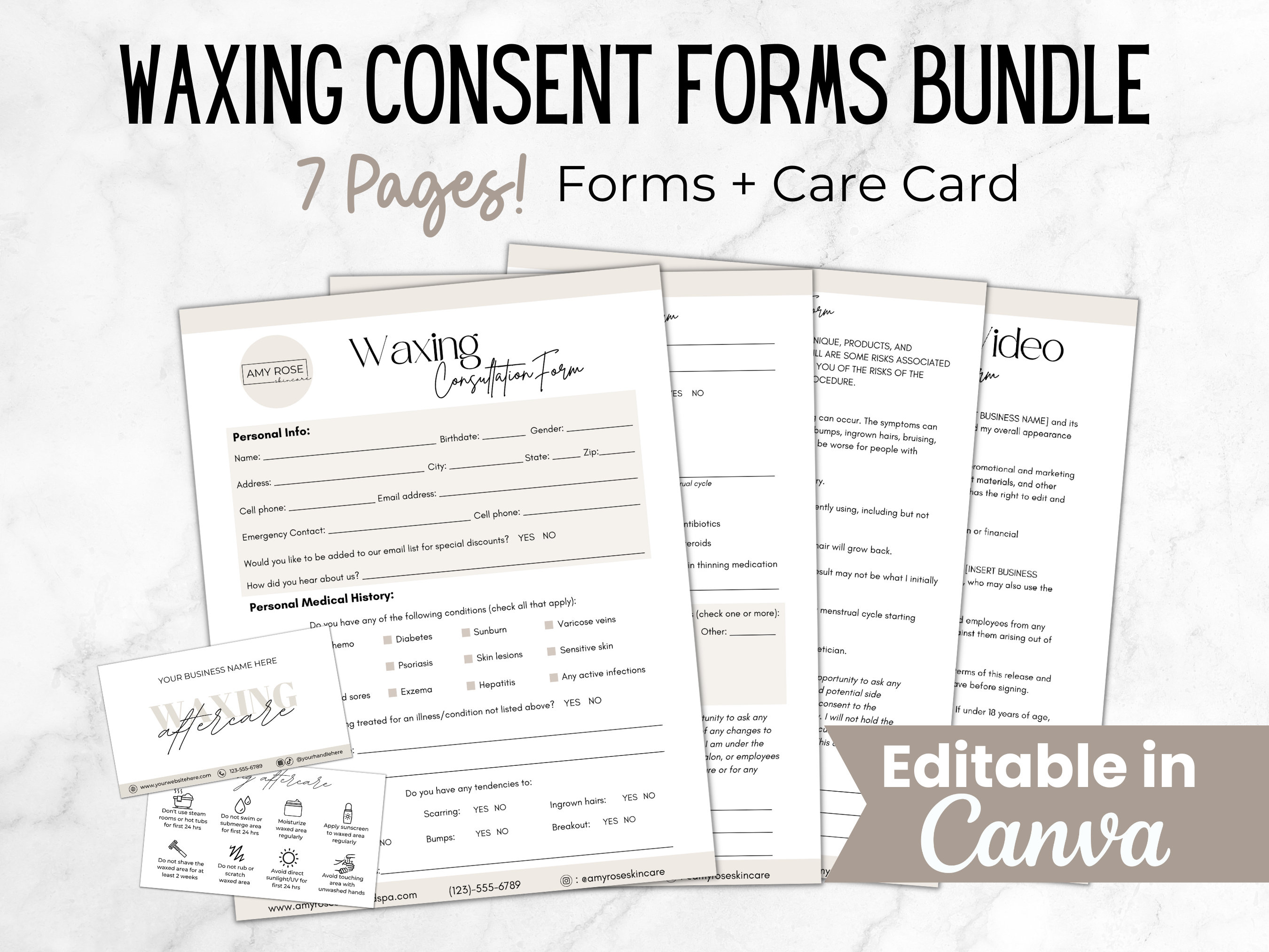 Waxing Consent Forms, Waxing Treatment Templates Bundle, Editable