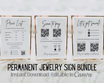 Permanent Jewelry Sign Bundle, Permanent Jewelry Editable Template, Permanent Jewelry Supplies, QR Code Sign, Permanent Jewelry Social Media