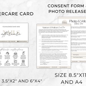 May include: A set of two printable cards for nail salons. The first card is a 3.5" x 2" aftercare card with instructions for nail care. The second card is an 8.5" x 11" consent form and photo release form for nail services. Both cards have a beige background with black text.