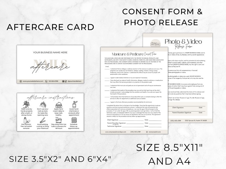 May include: A set of two printable cards for nail salons. The first card is a 3.5" x 2" aftercare card with instructions for nail care. The second card is an 8.5" x 11" consent form and photo release form for nail services. Both cards have a beige background with black text.