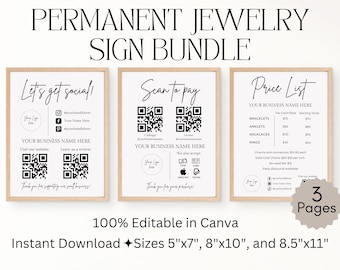 Permanent Jewelry Price List Sign, Permanent Jewelry Editable Signs Template, Permanent Jewelry Social Media QR Code Sign Scan to Pay Sign