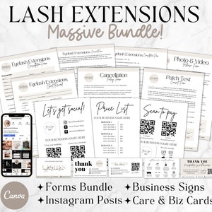 Lash Tech Business Bundle, Formulaires de consentement Lash, Renonciation à l’extension de cils, Admission des clients Lash, Modèles Instagram Lash, Cartes de visite Lash