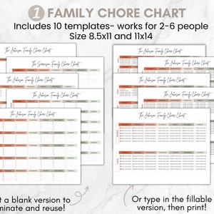 May include: Printable chore chart template for families. The chart is designed for 2-6 people and includes 10 templates. The chart is 8.5x11 inches or 11x14 inches. The chart is in a minimalist style with a light brown and green color scheme.