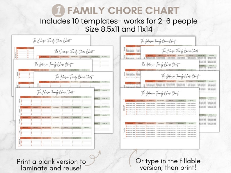 May include: Printable chore chart template for families. The chart is designed for 2-6 people and includes 10 templates. The chart is 8.5x11 inches or 11x14 inches. The chart is in a minimalist style with a light brown and green color scheme.