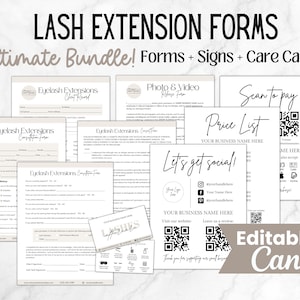 Formulaires d'extension de cils, ensemble de modèles de consentement modifiables pour les cils, dossier client Lash Tech, formulaires d'admission d'esthéticienne, carte de suivi des cils