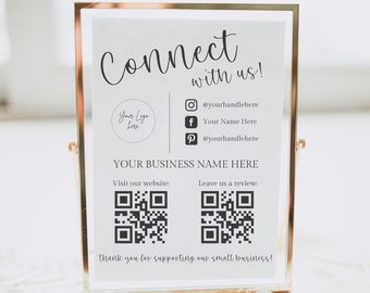 Modèle de signe de médias sociaux, signe de code QR, signe modifiable de petite entreprise imprimable, Instagram Facebook Suivez-nous signe, laissez-nous un signe de révision