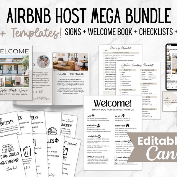 Airbnb-Gastgeber-Bundle-Vorlage, bearbeitbare Airbnb-Zeichen, Willkommensbuch-Vorlage, Airbnb-Reinigungs-Checkliste, Inventar-Checkliste, VRBO-Gastgeber-Bundle