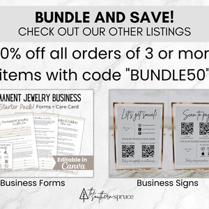 May include: Image featuring business forms and signs for a permanent jewelry business. The forms include a starter pack, forms, and a care card. The signs say "Let's get social" and "Scan to pay" with QR codes. The text reads "BUNDLE AND SAVE!" and "50% off all orders of 3 or more items."
