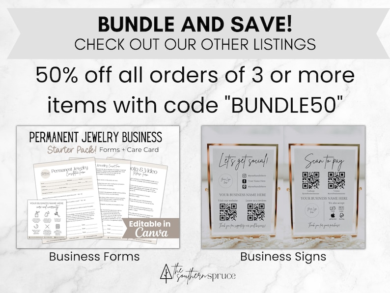 May include: Image featuring business forms and signs for a permanent jewelry business. The forms include a starter pack, forms, and a care card. The signs say "Let's get social" and "Scan to pay" with QR codes. The text reads "BUNDLE AND SAVE!" and "50% off all orders of 3 or more items."
