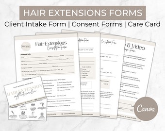 May include: A set of forms for hair extensions, including a client intake form, consent forms, and a care card. The forms are designed in a minimalist style with a beige background and black text. The care card features a list of hair extension aftercare tips.