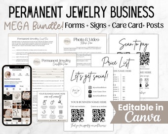 Può includere: Un pacchetto di moduli, cartelli e schede di cura stampabili per un'attività di gioielleria permanente. Include moduli di consenso, listini prezzi, modelli di social media e un cartello "scansiona per pagare". Il testo "Editable in Canva" è anche visibile.
