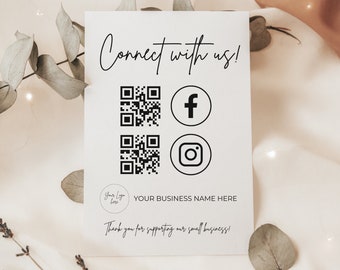 Editable QR Code Social Media Sign, Small Business Sign Printable, Instagram Facebook Follow Us Sign, Leave us a Review Sign, Canva Template