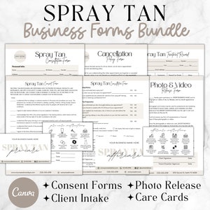 Lot de formulaires de consentement pour le bronzage en spray, modèles d'entreprise de bronzage en spray, formulaires d'esthéticienne modifiables, formulaires de spa, carte de soins de bronzage en spray et formulaire client