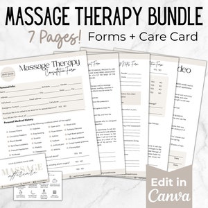 Pode incluir: Um pacote de 7 páginas imprimíveis para terapia de massagem, incluindo formulários de consulta e um cartão de cuidados. Os formulários são projetados para serem editados no Canva. O pacote inclui um cartão de cuidados com o texto "Massage Aftercare" e uma lista de dicas para depois de uma massagem.
