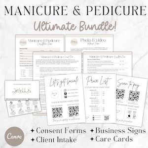 Pacote de formulários de consentimento para manicure e pedicure, formulários de consulta para técnicos de unhas, modelos de admissão de clientes de negócios de unhas, PDF para impressão do Canva