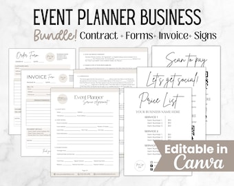May include: A set of printable event planner business forms in a light brown and white color scheme. The forms include an order form, invoice, service agreement, price list, and scan to pay sign. The text "Editable in Canva" is displayed in a brown rectangle at the bottom of the image.