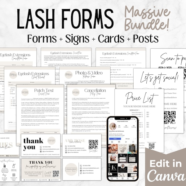 Lash Technician Business Bundle, Lash Extension Consent Forms, Eyelash Branding Templates, Esthetician Forms, Client Intake and Consent Form