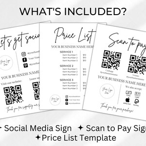 Puede incluir: Tres carteles imprimibles para un negocio. El primer cartel es un cartel de redes sociales con un logotipo, iconos de redes sociales y un c&oacute;digo QR. El segundo cartel es una plantilla de lista de precios con una lista de servicios y precios. El tercer cartel es un cartel de escaneo para pagar con dos c&oacute;digos QR y una lista de m&eacute;todos de pago aceptados.