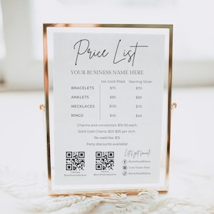 Permanent Jewelry Price List Sign, Permanent Jewelry Display Flyer, QR Code and Social Media Sign, Permanent Jewelry Business Canva Template