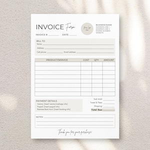 Invoice Template, Professional Business Invoice, Printable Invoice Form, Editable Receipt Template, Business Billing Form Download