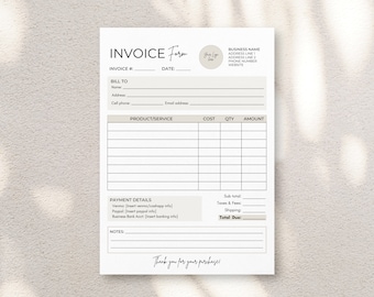 Invoice Template, Professional Business Invoice, Printable Invoice Form, Editable Receipt Template, Business Billing Form Download