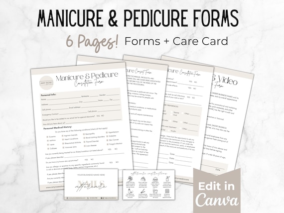 Manicure and Pedicure Forms Bundle, Nail Tech Forms, Esthetician Forms, Client Intake and Consent Form Templates, Nail Salon Forms, Canva