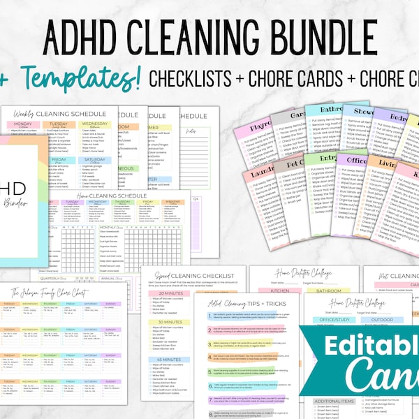 ADHD Cleaning Checklist Bundle, Editable ADHD Cleaning Planner, Adult Chore Chart, Adhd Cleaning Bundle, Weekly Monthly Cleaning Schedule