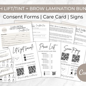 May include: A set of printable business forms for lash lift and tint, brow lamination, and other beauty services. The forms include a consent form, a price list, a scan to pay QR code, and social media information. The forms are designed in a minimalist style with a beige background and black text.