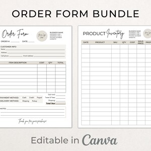 May include: A printable order form and product inventory template for small businesses. The order form includes sections for customer information, item description, cost, quantity, total, payment method, delivery method, and notes. The product inventory template includes sections for date, product, SKU, quantity, cost, sold price, and profit.