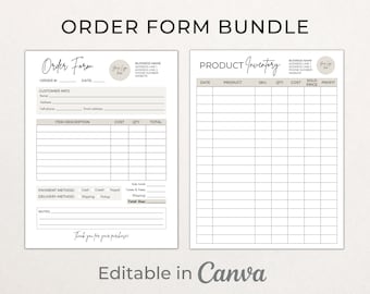 May include: A printable order form and product inventory template for small businesses. The order form includes sections for customer information, item description, cost, quantity, total, payment method, delivery method, and notes. The product inventory template includes sections for date, product, SKU, quantity, cost, sold price, and profit.